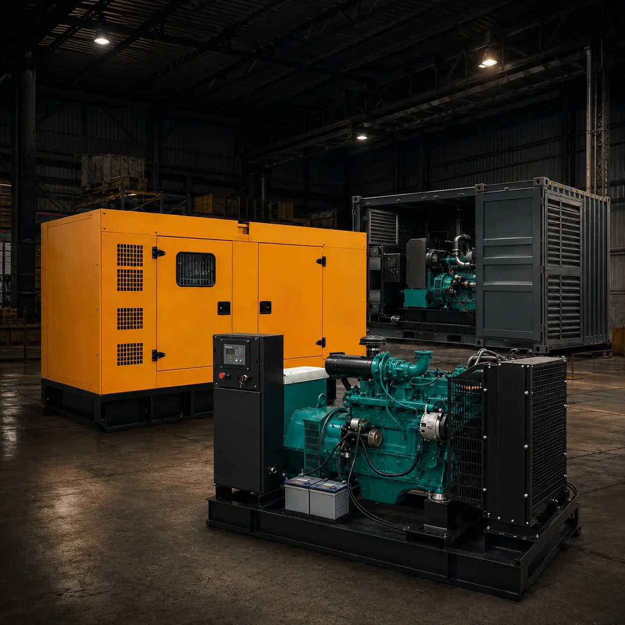 Generador industrial y motor en planta